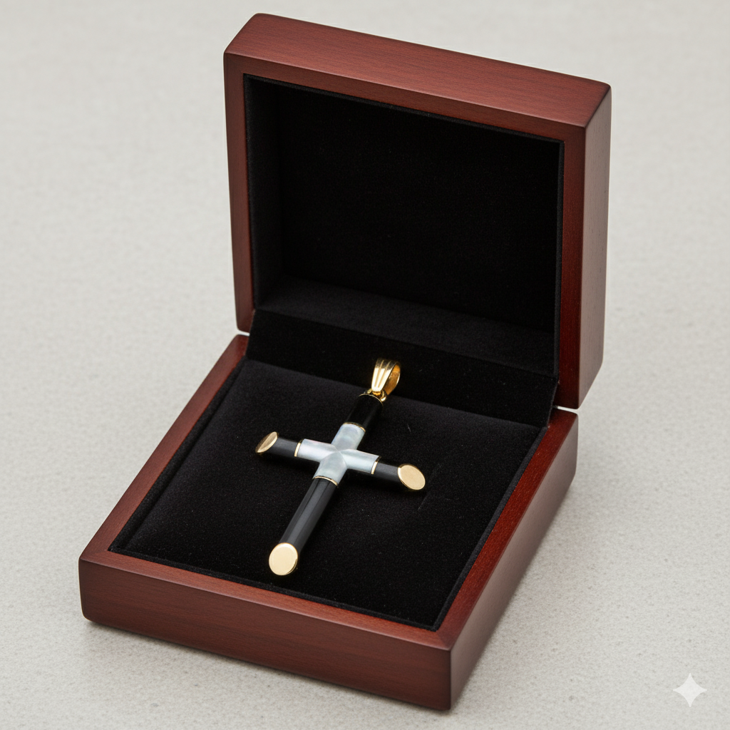 Pure Heart Cross - Inlaid Mother of Pearl and Ebony Cross Pendant with Gold Caps