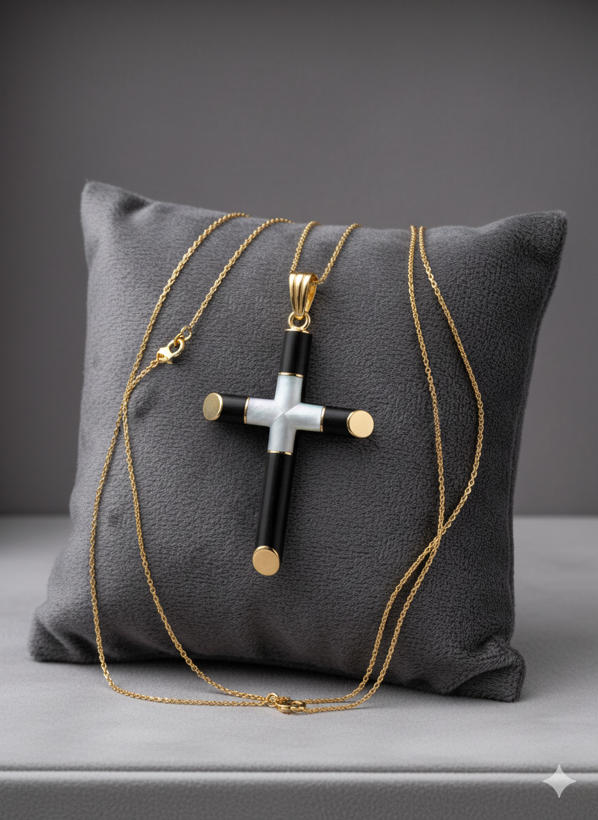 Pure Heart Cross - Inlaid Mother of Pearl and Ebony Cross Pendant with Gold Caps