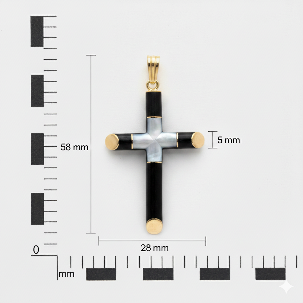 Pure Heart Cross - Inlaid Mother of Pearl and Ebony Cross Pendant with Gold Caps