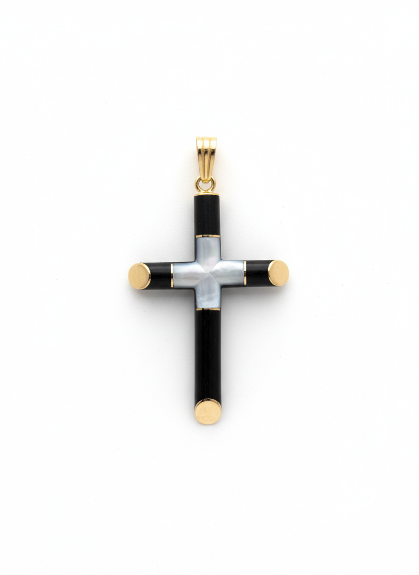 Pure Heart Cross - Inlaid Mother of Pearl and Ebony Cross Pendant with Gold Caps