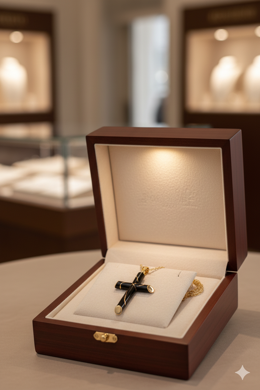Jewelry box with a cross pendant inside, set against a blurred jewelry store background.