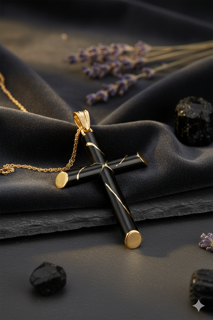 Gold and black cross pendant on a dark fabric background with dried lavender.