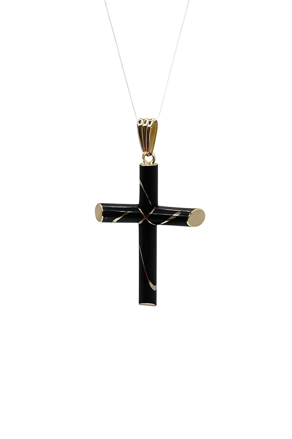 Black marbled cross pendant with gold accents on a white background